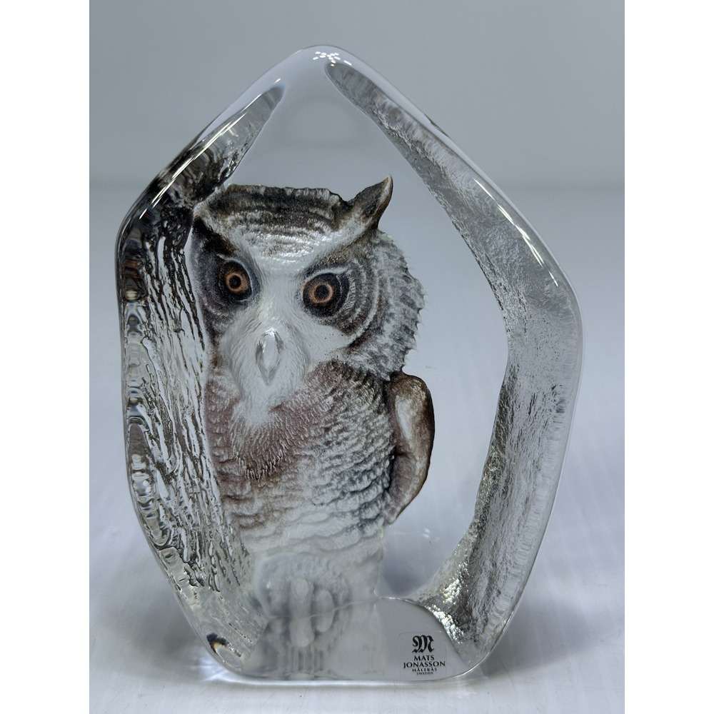 Mats Jonasson Sweden Painted Tawny Owl Art Glass Paperweight Signed Scratches